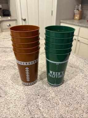 Stack of Football-Themed Plastic Cups - Brown & Green